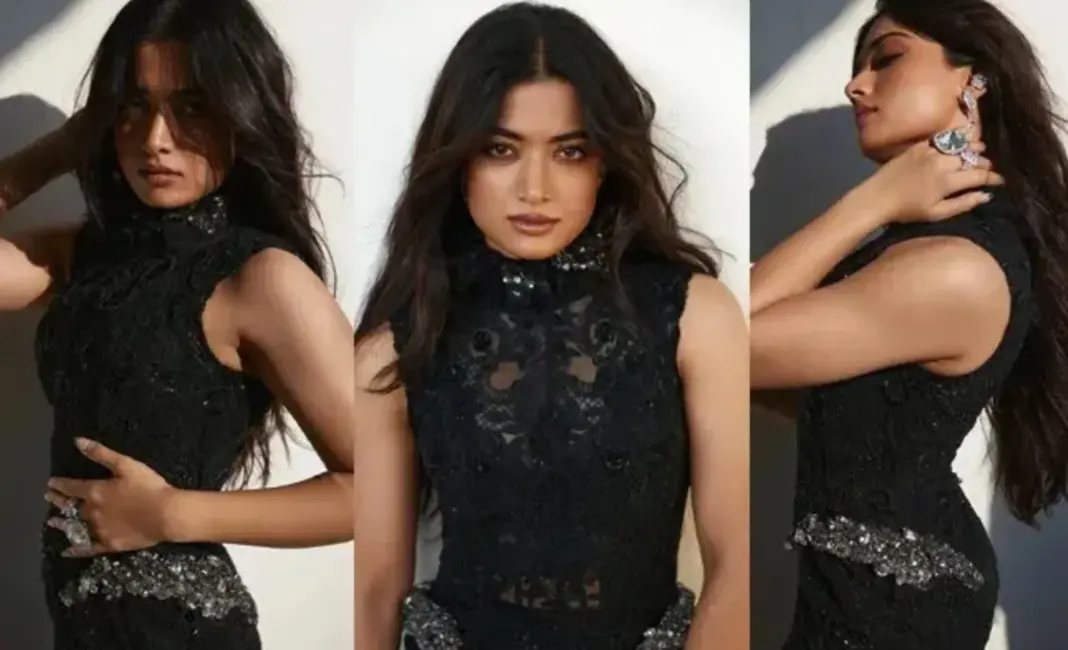 Rashmika Mandanna at Vogue World Milan in an Anamika Khanna black gown