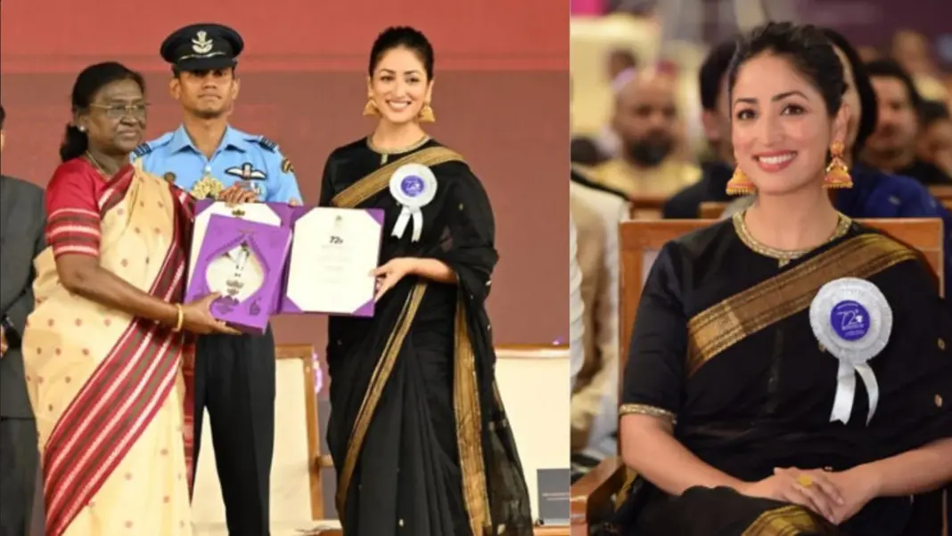 Yami Gautam in a black saree with gold zari border at the National Film Awards