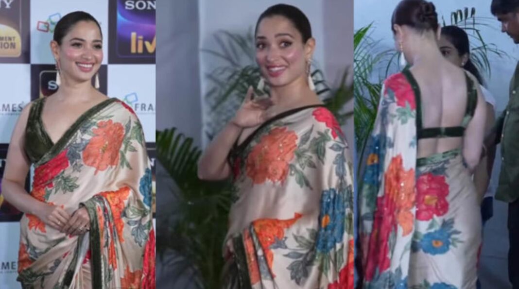 Tamannaah Bhatia in a floral saree with a deep green blouse