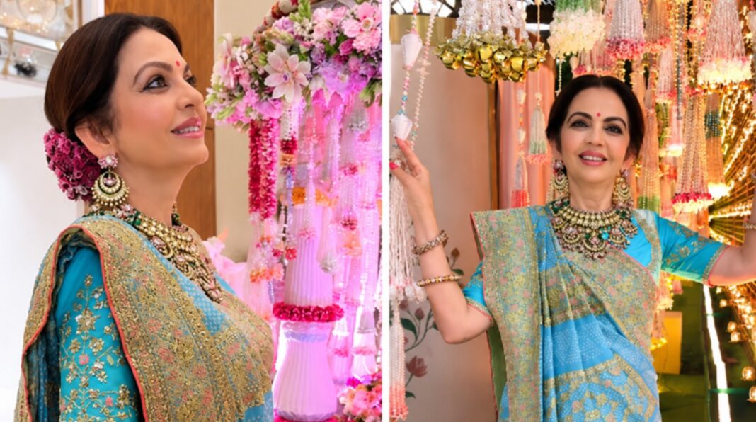 Nita Ambani in a powder blue Bandhani saree at Janmashtami celebrations