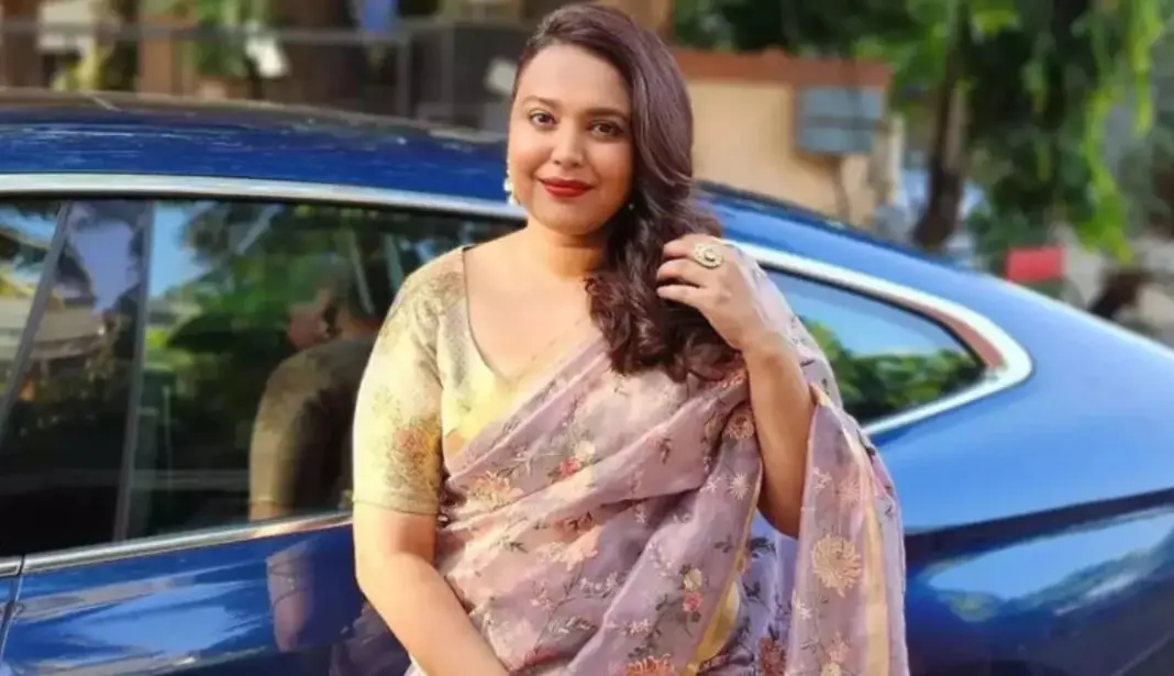 Swara Bhasker wearing a purple saree and ‘moti’ blouse at Rise and Fall 2 premiere