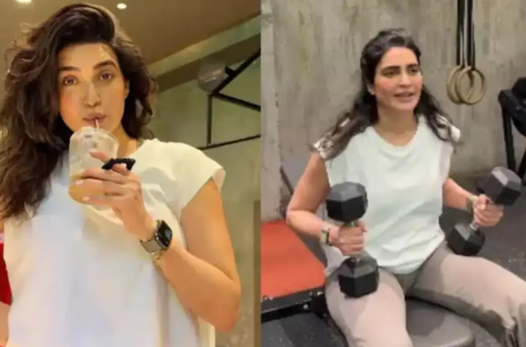 Karishma Tanna shares her postpartum workout featuring dumbbells and a spin bike