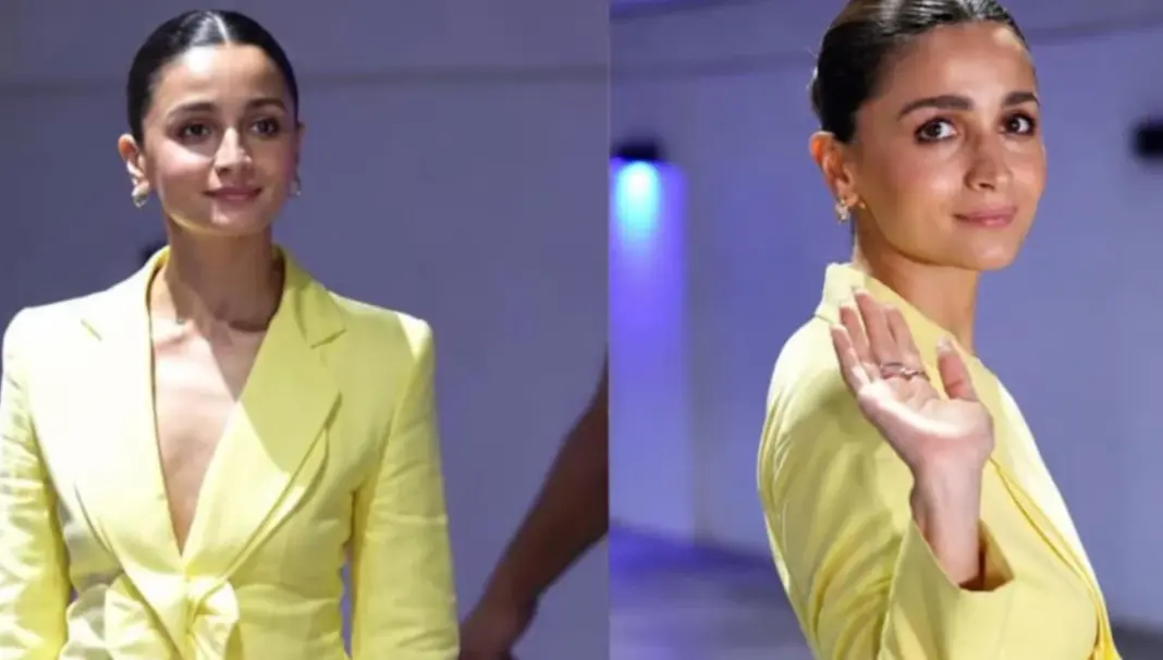 Alia Bhatt in a butter-yellow vintage Givenchy couture outfit with an oversized bow
