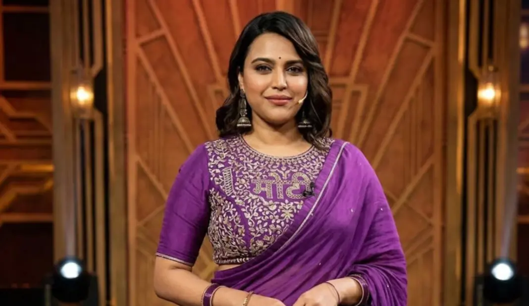 Swara Bhasker in a purple saree on Rise and Fall addressing postpartum body shaming