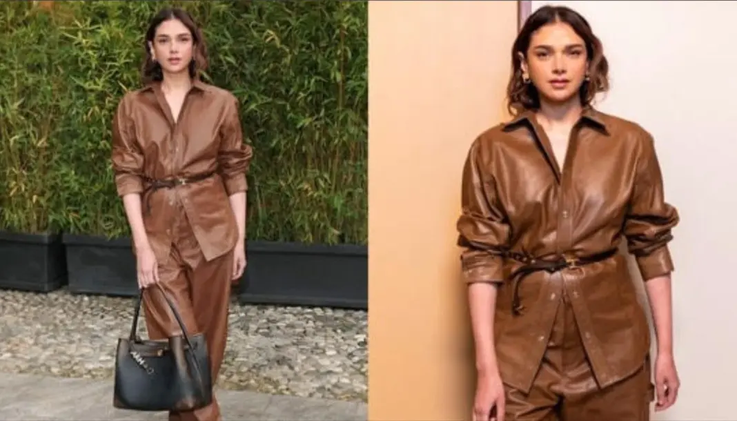 Aditi Rao Hydari in a head-to-toe brown leather look at Milan Fashion Week