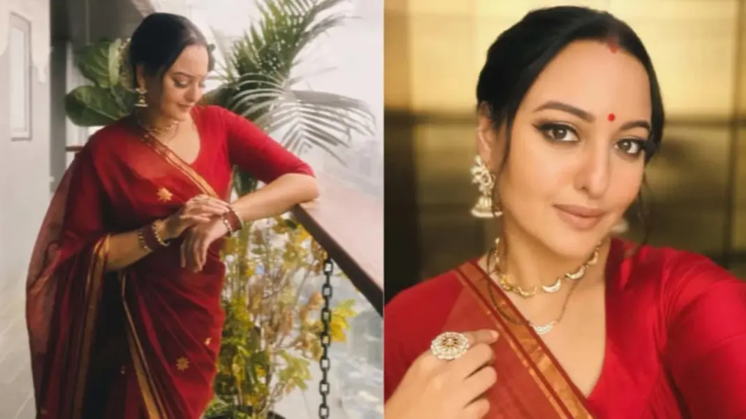 Sonakshi Sinha poses in a red saree gifted by Huma Qureshi
